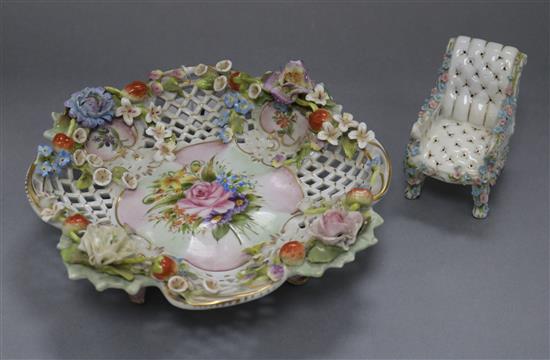 A floral encrusted dish and miniature chair dish diameter 24cm